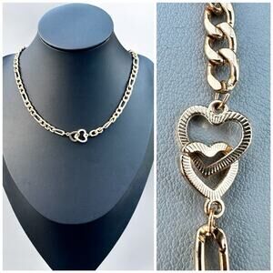 Heart Link Necklace Chain Gold Tone Figaro 80s 90s Y2K Layering Jewelry 18”
